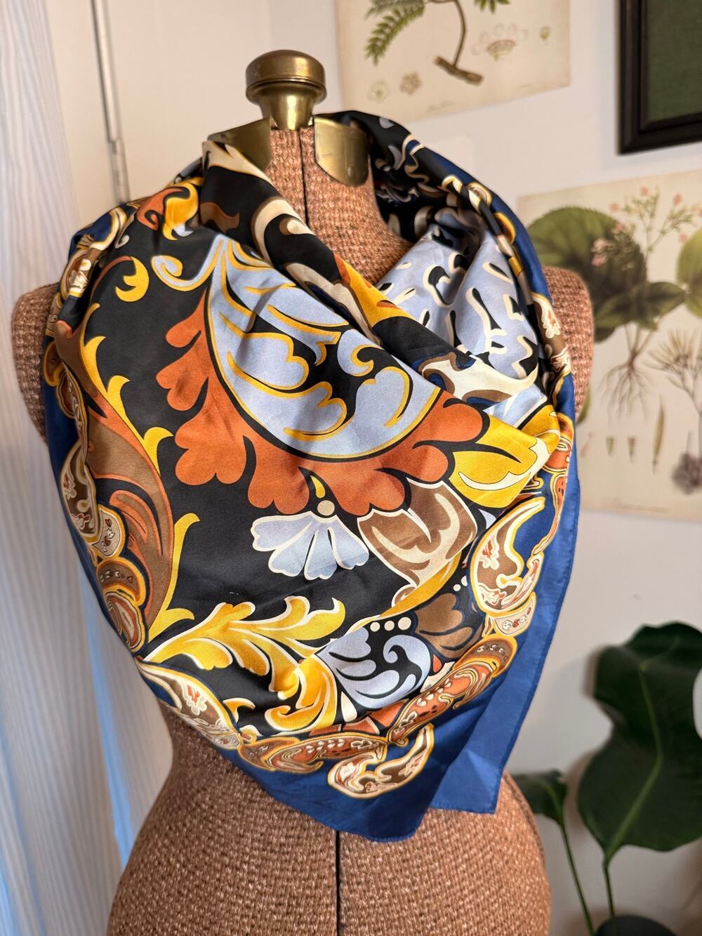 Carol Anderson Vintage Baroque Paisley Square Scarf Navy Blue Gold Orange